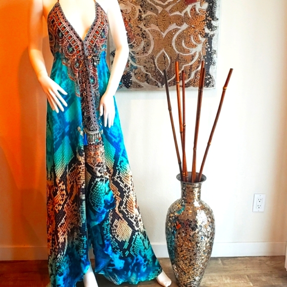 *LAST ONE***MANISH VAID Jquad-Turqouise Python Cry.Emb. Hi-Lo Dress NWT OS - Picture 3 of 12